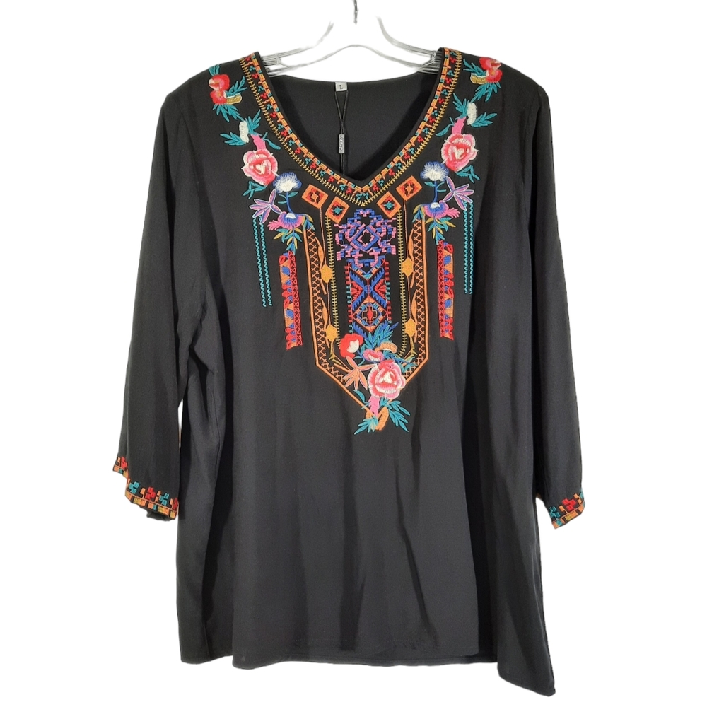 GROSY Womens Boho Embroidered Peasant Tunic top large